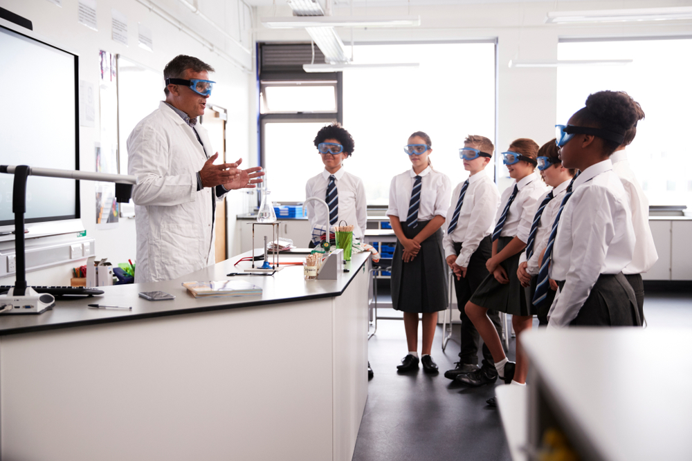 Teacher demo desk in school chemistry lab