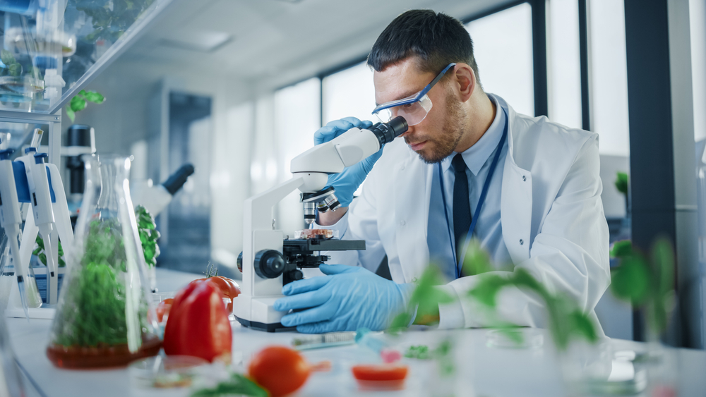 Scientist at eco-friendly lab counter