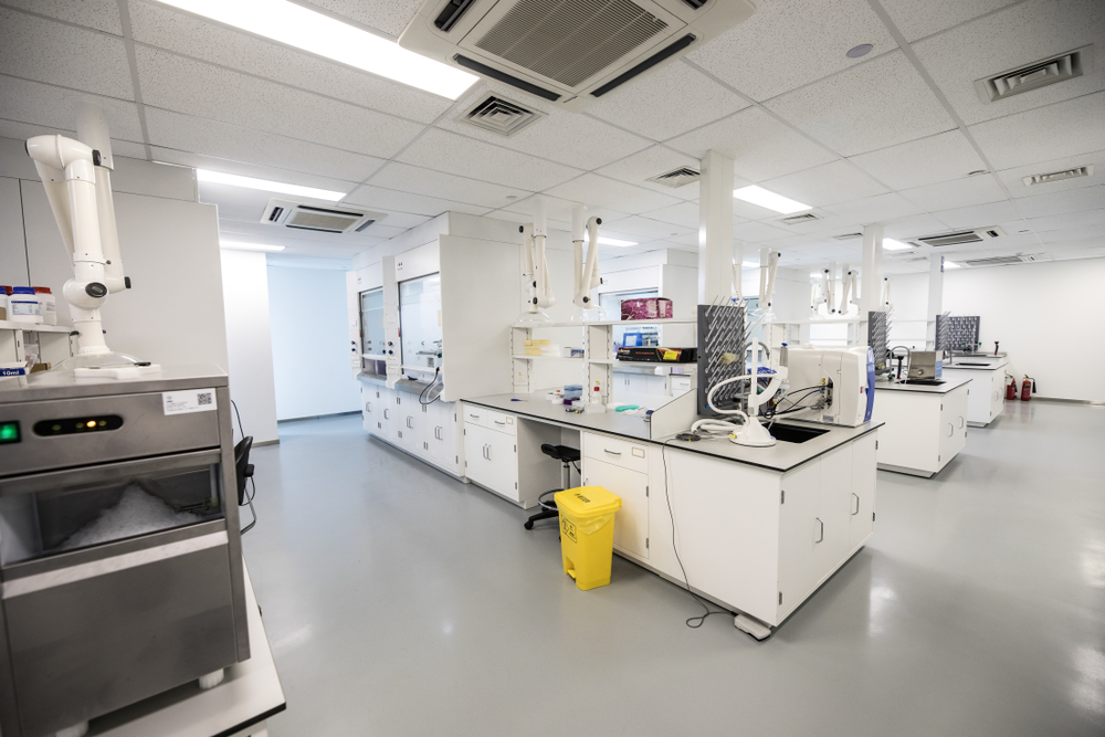 mobile lab stations in drug manufacturing facility