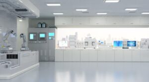 Futuristic custom laboratory storage in semiconductor manufacturing factory