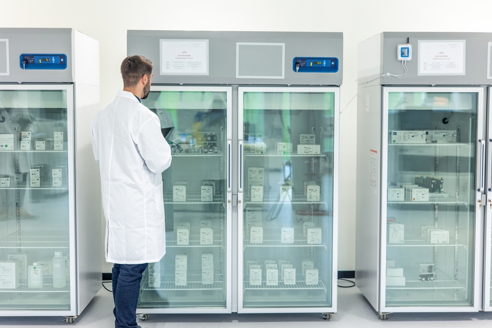 Medical refrigerators storing drugs and vaccines in pharmaceutical laboratory